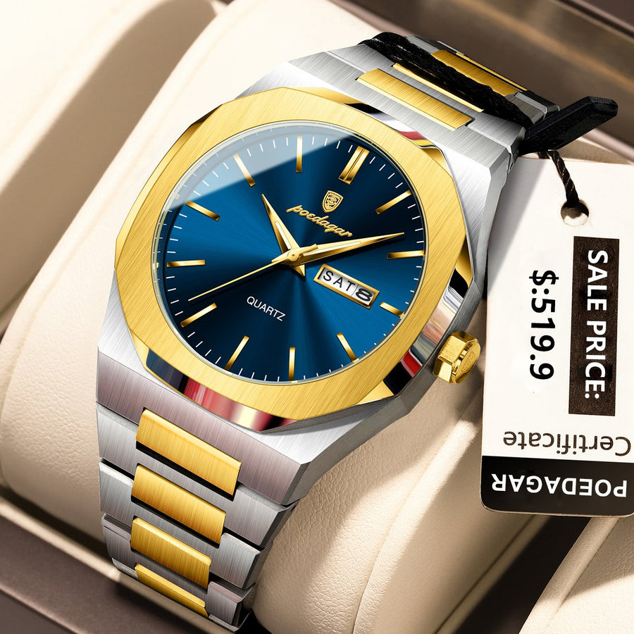 POEDAGAR 825 Top Luxury Men Clock Waterproof Luminous Calendar Week Man Wristwatch Sports Stainless Steel Quartz Men’s Watches Reloj