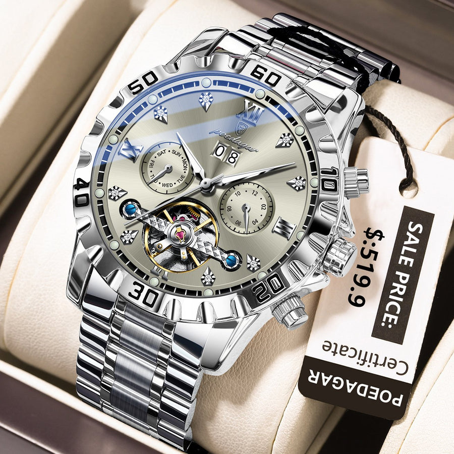 Relógio mecânico automático masculino POEDAGAR 1418 – Original em safira sintética por menos de US$ 200, design esqueleto, ponteiros luminosos com calendário completo, pulseira de aço inoxidável à prova d'água 30 m, relógios de luxo para homens, uso diári