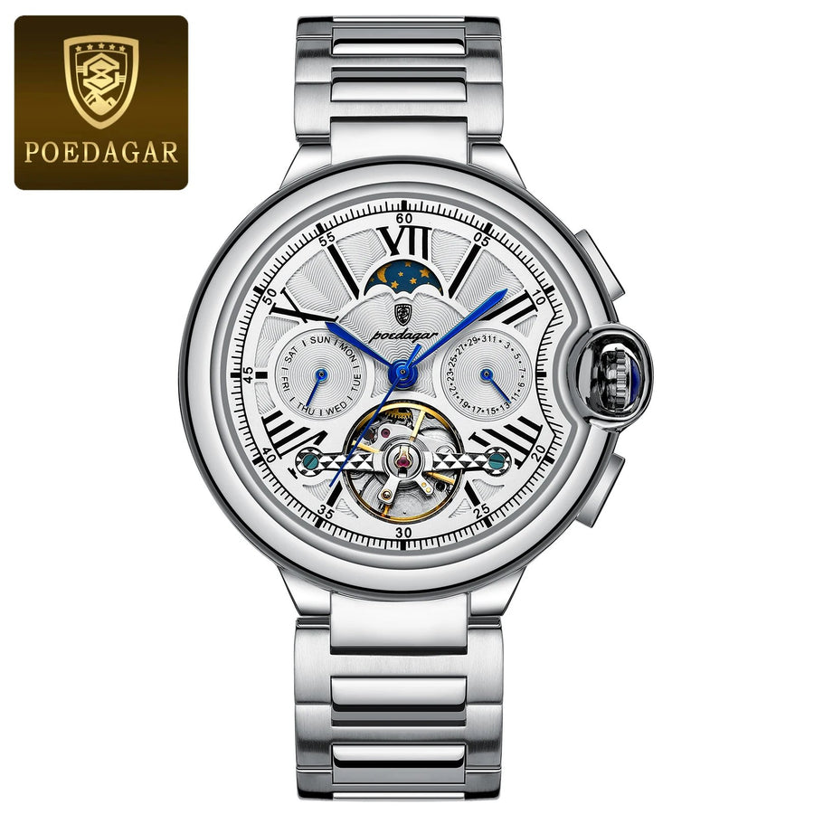 POEDAGAR 1413 Relógio Mecânico Masculino de Luxo Hollow Tourbillon Automático Relógio Mecânico Masculino à Prova D'água Data Semana Relógios Masculinos