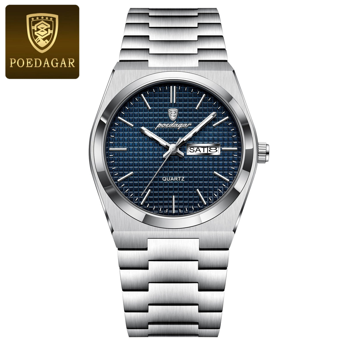POEDAGAR 821 Original Man Wristwatch Luminous Waterproof Date Week Men Clock Stainless Steel Men’s Quartz Watches Reloj+Box Homage Watch