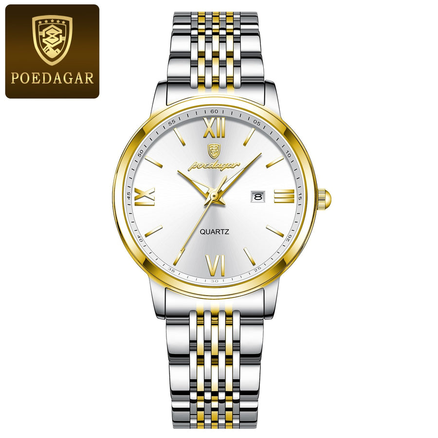 POEDAGAR 716 Women’s Classic Quartz Watch – Stainless Steel Strap, 30M Waterproof &amp; Automatic Date Display, Luminous Round Dial for Business Casual &amp; Everyday Wear