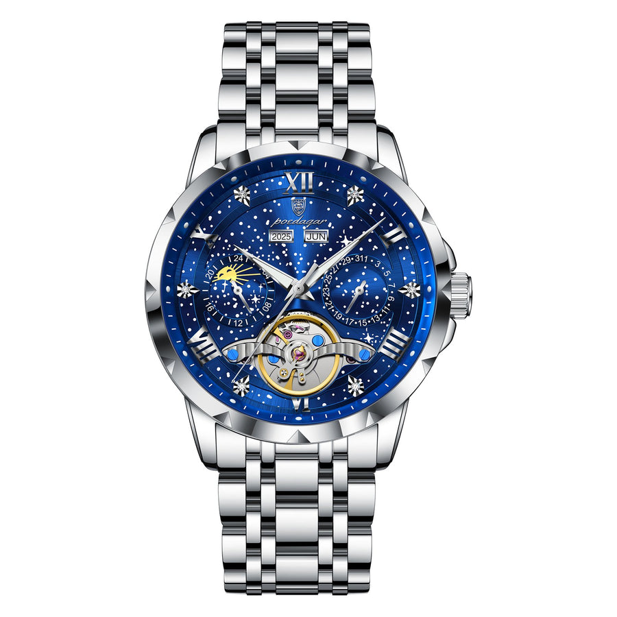 Relógio masculino POEDAGAR 1420 Top Original, automático, mecânico, em aço inoxidável, com calendário e turbilhão oco.
