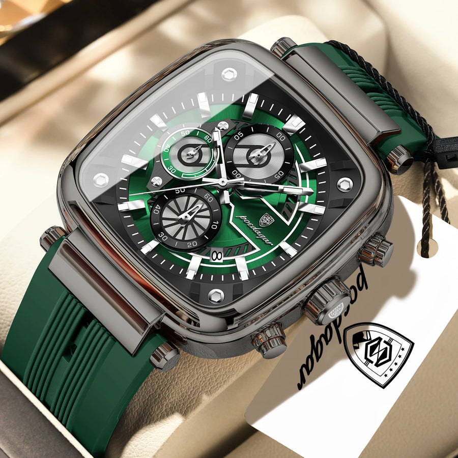 POEDAGAR Montre-bracelet classique et tendance pour homme, chronographe carré avec date, montre sport en silicone, montre à quartz pour homme + boîte