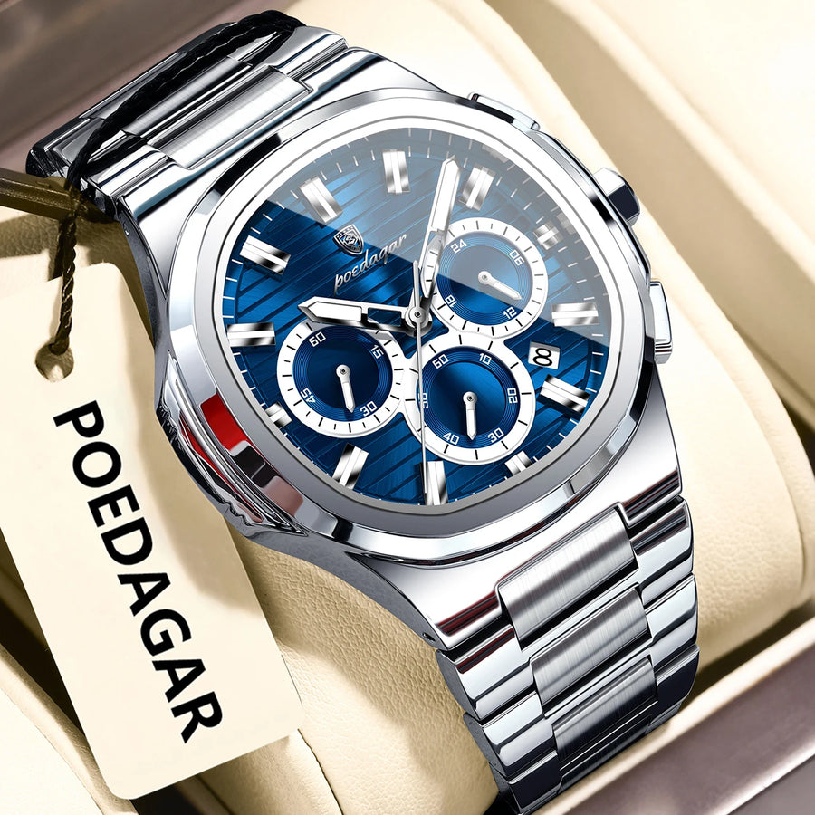 POEDAGAR homme d'affaires montre-bracelet Date chronographe étanche lumineux luxe hommes montre en acier inoxydable Quartz hommes montres mâle