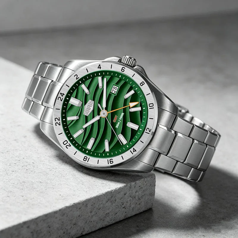 Montre à quartz HEROFORCE, montre de mode, GMT, date, montre-bracelet pour homme, étanche, luminescente, acier inoxydable, montres de luxe de marque haut de gamme