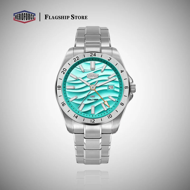 Montre à quartz HEROFORCE, montre de mode, GMT, date, montre-bracelet pour homme, étanche, luminescente, acier inoxydable, montres de luxe de marque haut de gamme