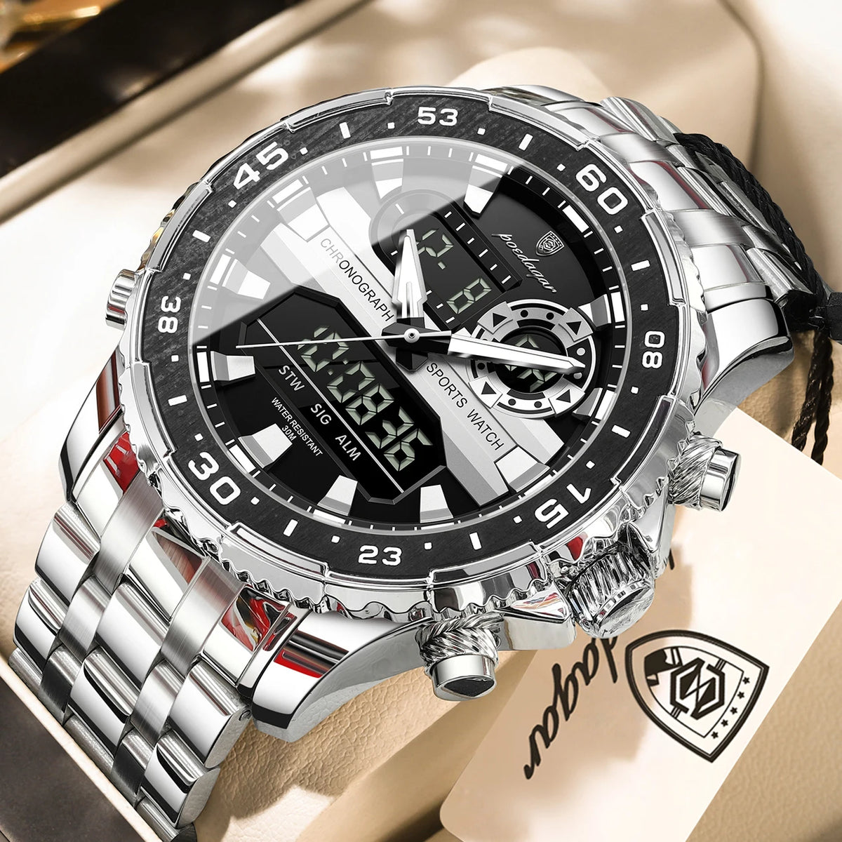 Montre homme POEDAGAR Top LED, étanche, électronique, de luxe, affichage double heure, numérique, acier inoxydable, quartz.