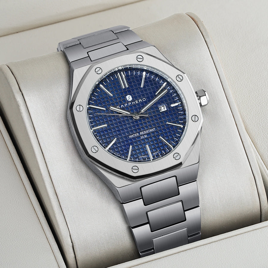 SAPPHERO Montre Homme Quartz Japonais TMI Cadran Bleu Bracelet Acier Inoxydable Étanche 5ATM Aiguilles Lumineuses Date Boîtier Octogonal Montre Sport Élégante Luxe Business Chic 42 mm Cadeau Homme Mari Papa SO2110