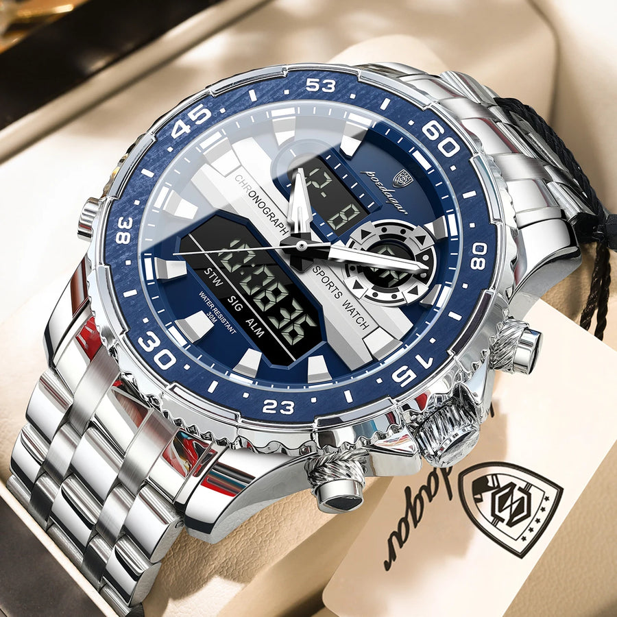 Montre homme POEDAGAR Top LED, étanche, électronique, de luxe, affichage double heure, numérique, acier inoxydable, quartz.