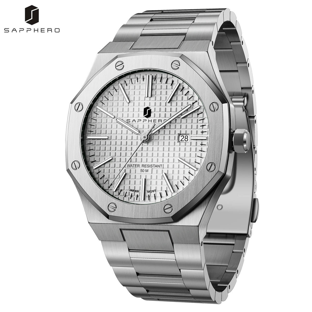 SAPPHERO Montre Homme Quartz Japonais TMI Cadran Bleu Bracelet Acier Inoxydable Étanche 5ATM Aiguilles Lumineuses Date Boîtier Octogonal Montre Sport Élégante Luxe Business Chic 42 mm Cadeau Homme Mari Papa SO2110