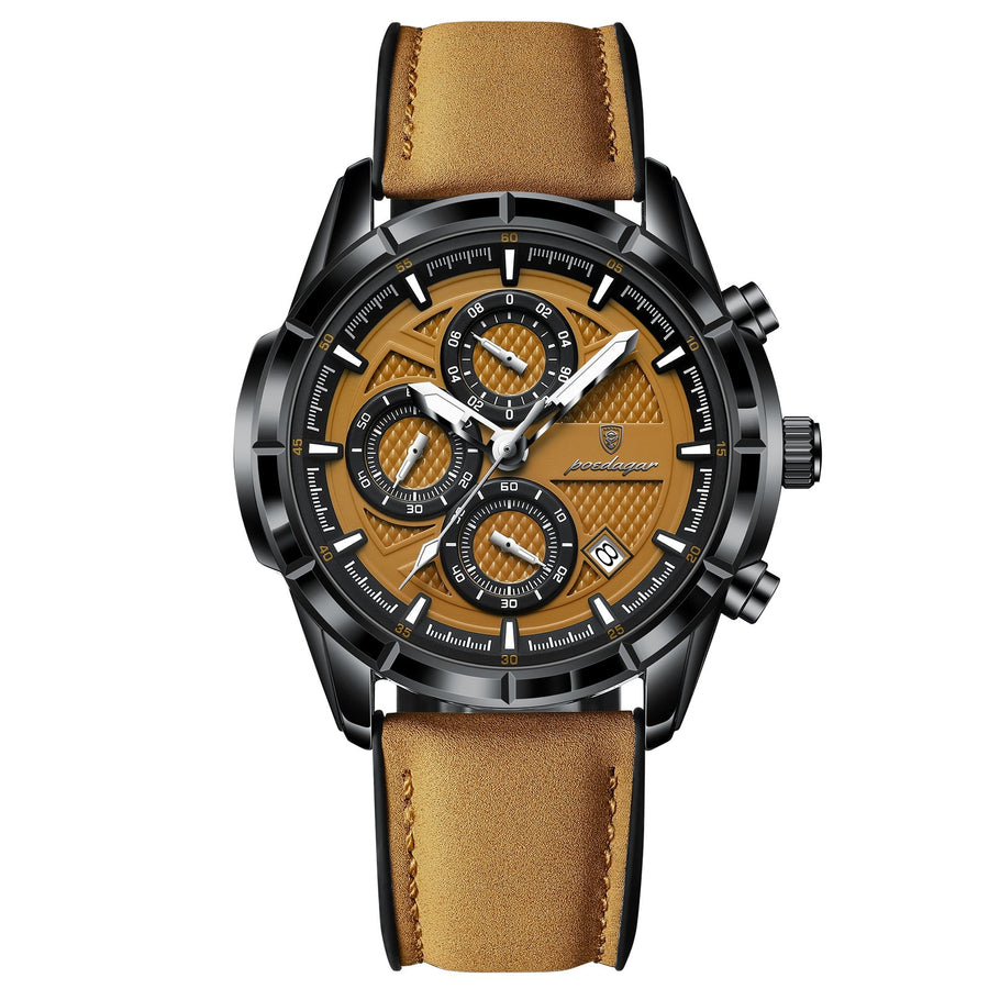 POEDAGAR 692 Fashion Men’s Luxury-Inspired Watch Genuine Leather Strap Quartz Date Display Waterproof Luminous Chronograph Business Casual Male Clock
