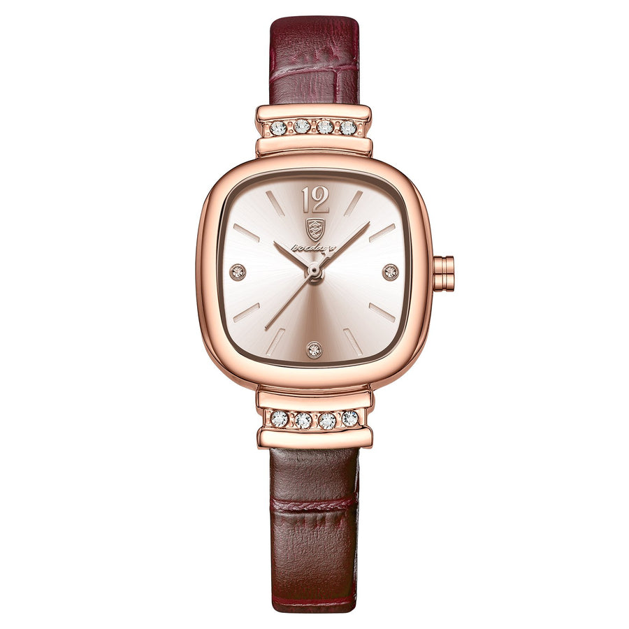 POEDAGAR 710 Ladies Square Watch – Waterproof Quartz with Diamond Accents, Elegant Leather Strap for Women, Office &amp; Date Gift